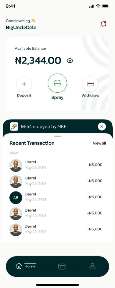 Nawó app wallet screen showing available balance, deposit, spray and withdraw actions, and recent transactions